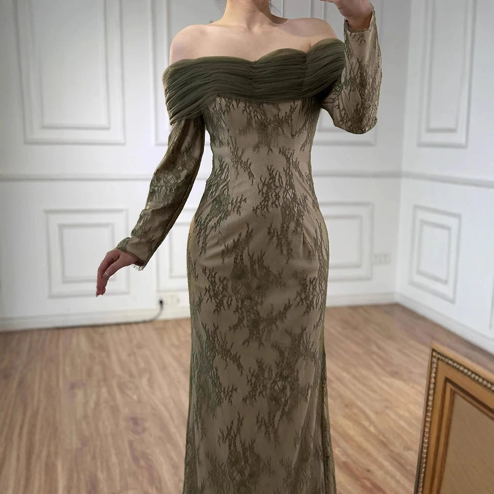 Elegant Olive Green Evening Dress with Lace Sleeves LA72942 - SERENE HILL