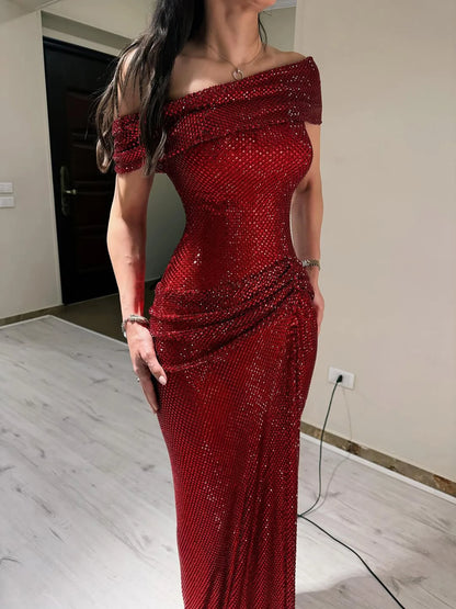 Red Beaded Mermaid Gown | Serene Hill Dubai LA73437 - SERENE HILL