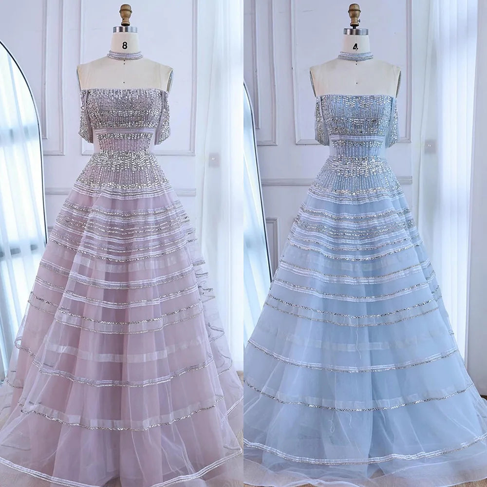 fitted lace wedding dress Luxury Blue Cinderella Off Shoulder A-Line Beaded Evening Dress LA730 –  SERENE HILL