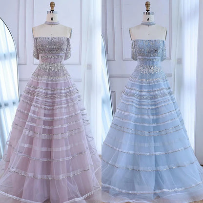 Luxury  Blue Cinderella Off Shoulder A-Line Beaded Evening Dress LA73079 - SERENE HILL