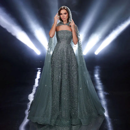 Luxury Dubai Saudi Arabic Turquoise Evening Gown with Beaded Dress and Elegant Hooded Cape for Formal Occasion LA72659A - SERENE HILL