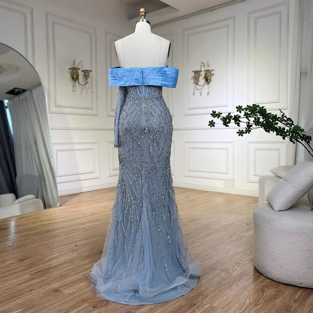 Serene Hill 2025 Arab Blue Boat Neck Mermaid Long Evening Dress - Elegant Gown with Beaded for Women&