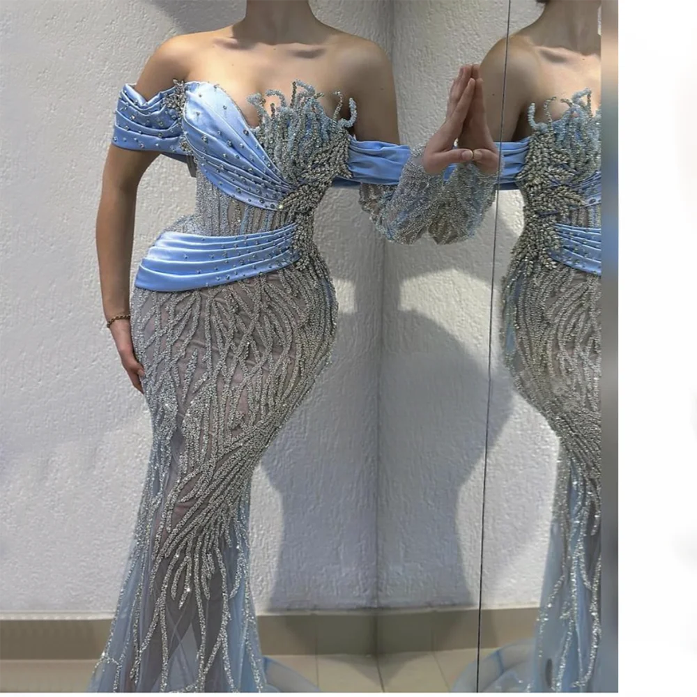 Serene Hill 2025 Arab Blue Boat Neck Mermaid Long Evening Dress - Elegant Gown with Beaded for Women&
