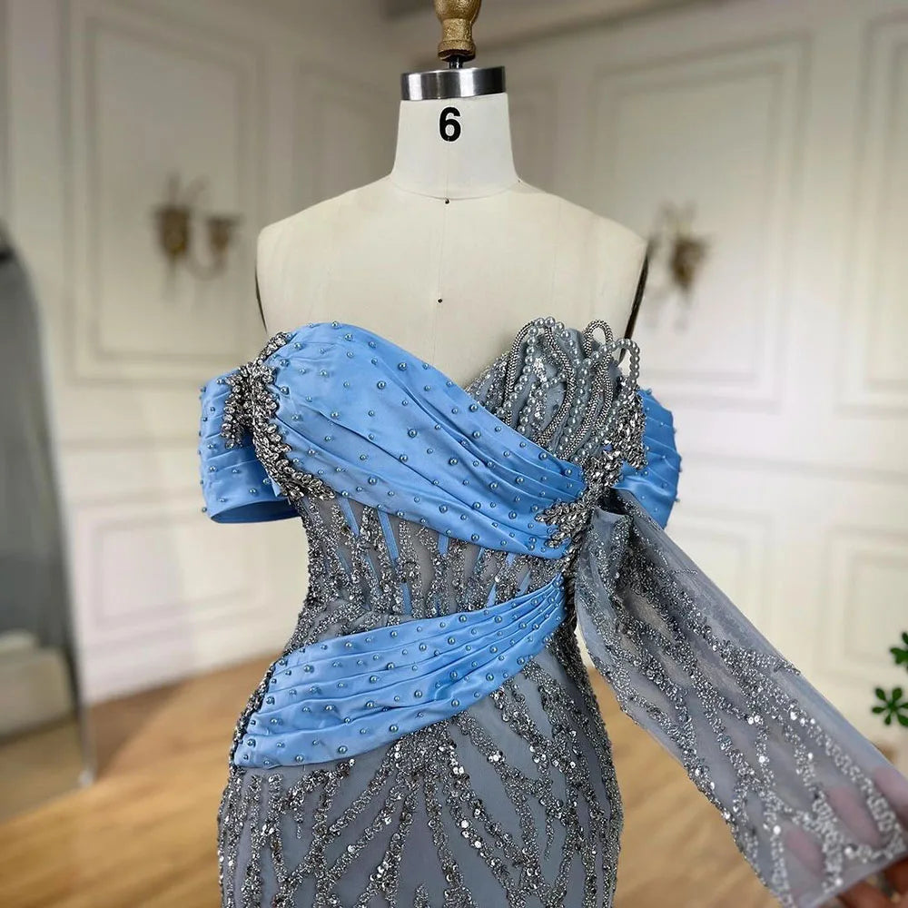 Serene Hill 2025 Arab Blue Boat Neck Mermaid Long Evening Dress - Elegant Gown with Beaded for Women&