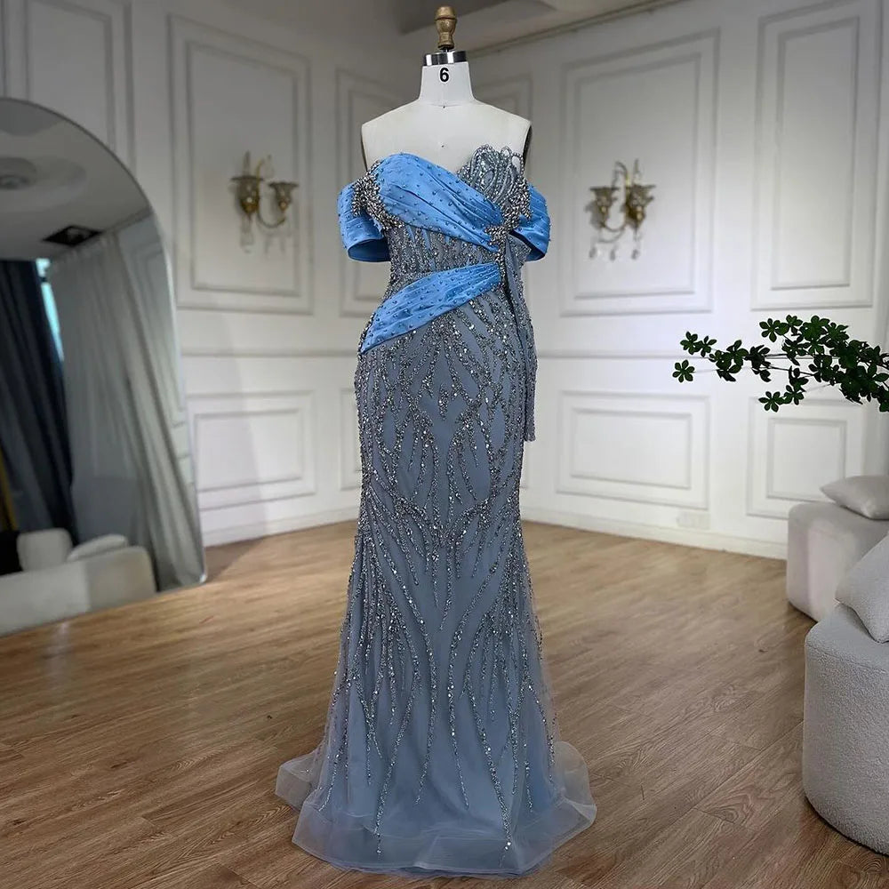 Serene Hill 2025 Arab Blue Boat Neck Mermaid Long Evening Dress - Elegant Gown with Beaded for Women&