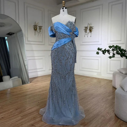 Serene Hill 2025 Arab Blue Boat Neck Mermaid Long Evening Dress - Elegant Gown with Beaded for Women&
