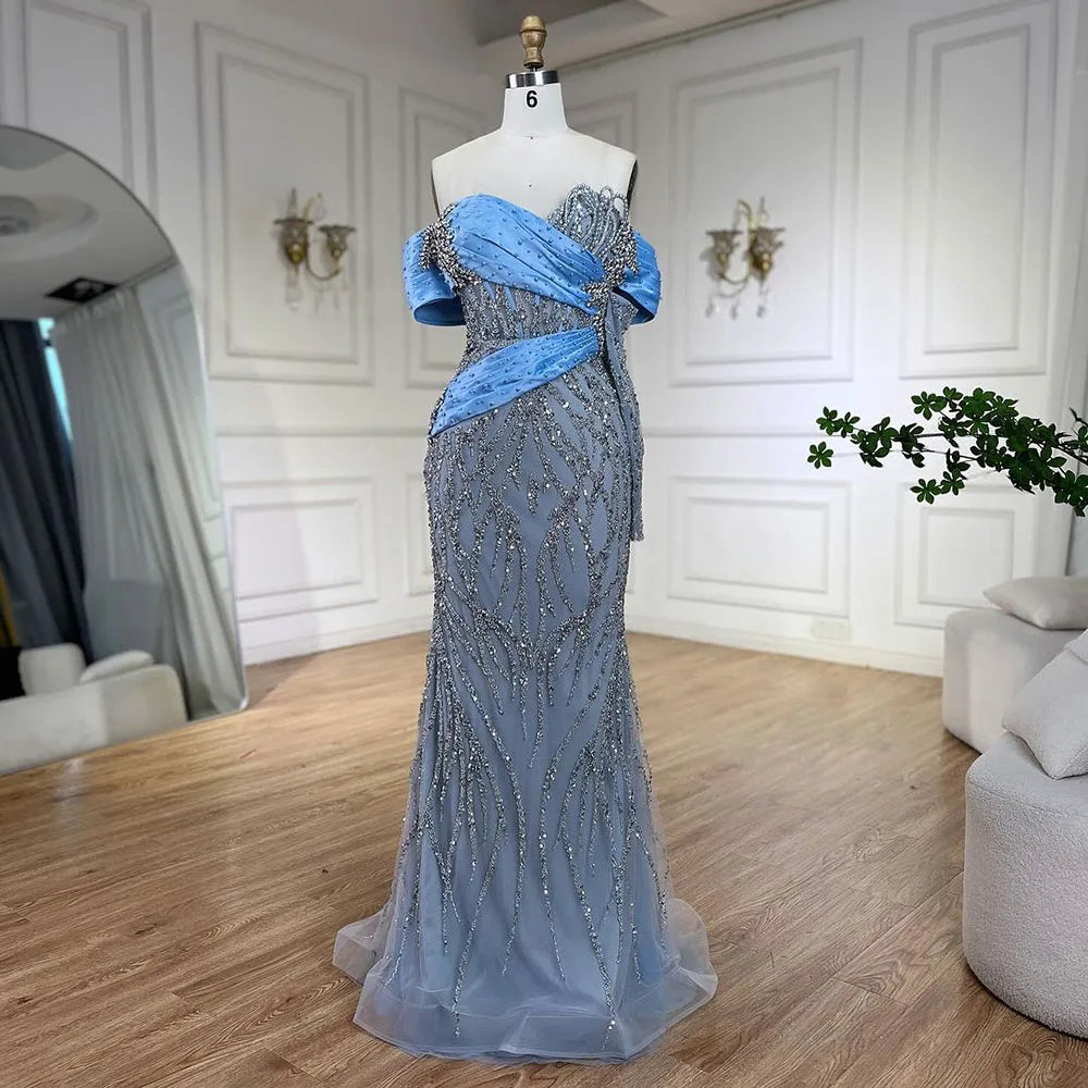 Serene Hill 2025 Arab Blue Boat Neck Mermaid Long Evening Dress - Elegant Gown with Beaded for Women&
