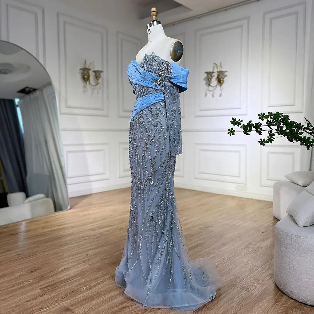 Serene Hill 2025 Arab Blue Boat Neck Mermaid Long Evening Dress - Elegant Gown with Beaded for Women&