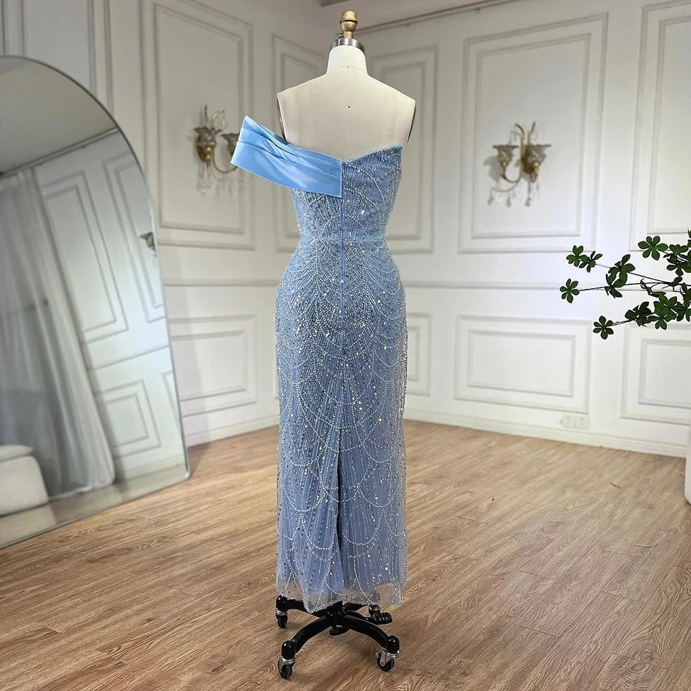 Serene Hill 2025 Arab Blue One Shoulder Mermaid Evening Dress Luxury Gown with Beaded for Women&