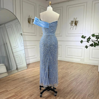 Serene Hill 2025 Arab Blue One Shoulder Mermaid Evening Dress Luxury Gown with Beaded for Women&