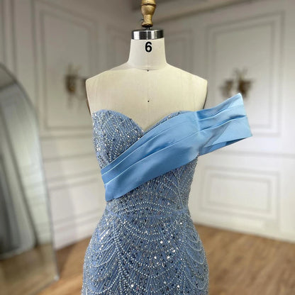 Serene Hill 2025 Arab Blue One Shoulder Mermaid Evening Dress Luxury Gown with Beaded for Women&