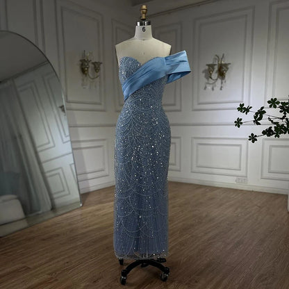 Serene Hill 2025 Arab Blue One Shoulder Mermaid Evening Dress Luxury Gown with Beaded for Women&