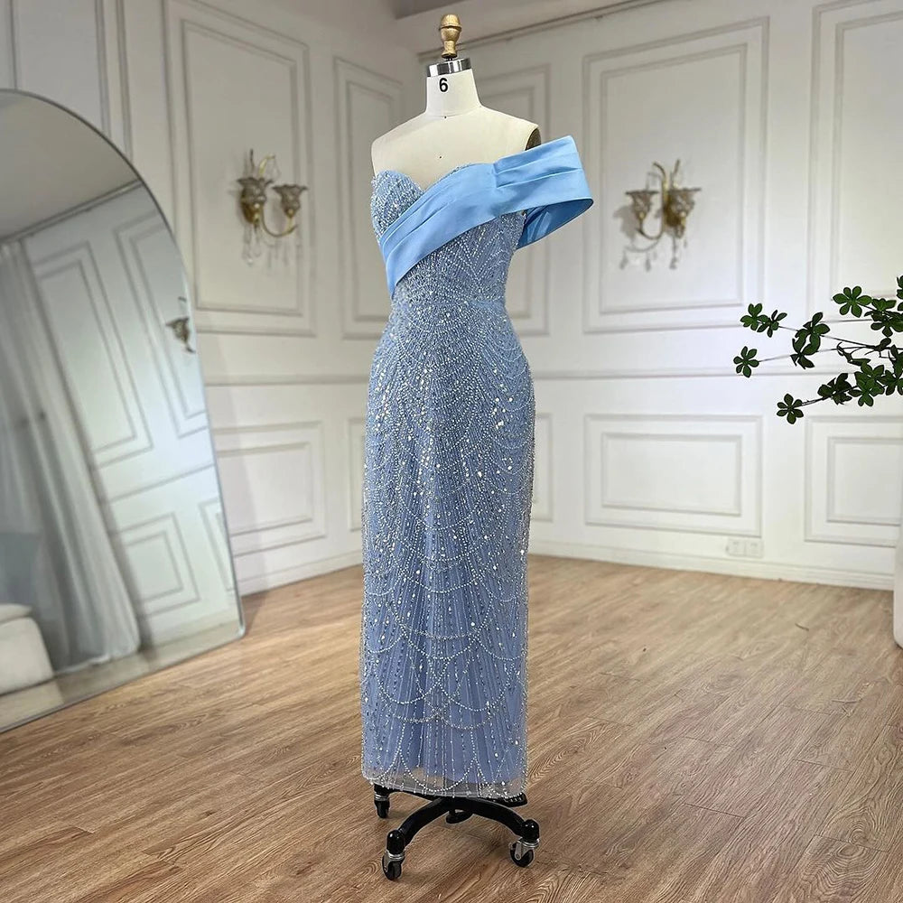 Serene Hill 2025 Arab Blue One Shoulder Mermaid Evening Dress Luxury Gown with Beaded for Women&