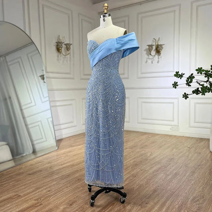 Serene Hill 2025 Arab Blue One Shoulder Mermaid Evening Dress Luxury Gown with Beaded for Women&