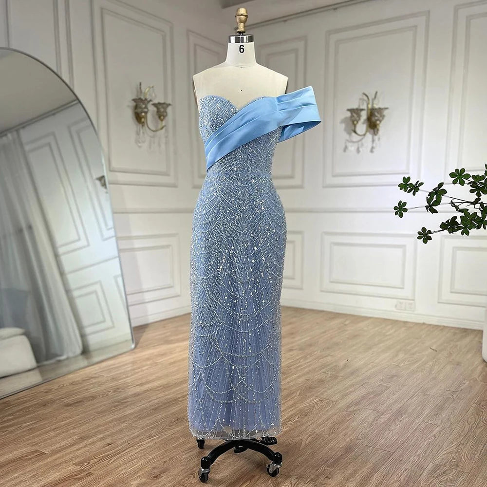 Serene Hill 2025 Arab Blue One Shoulder Mermaid Evening Dress Luxury Gown with Beaded for Women&