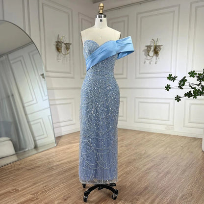 Serene Hill 2025 Arab Blue One Shoulder Mermaid Evening Dress Luxury Gown with Beaded for Women&