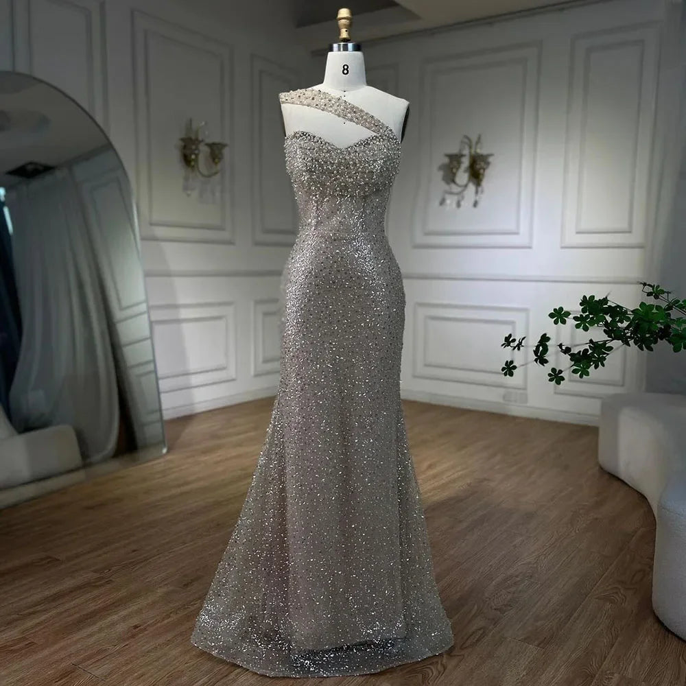Serene Hill 2025 Arab Nude One Shoulder Mermaid Evening Dress Elegant Luxury Gown with Beaded for Women&