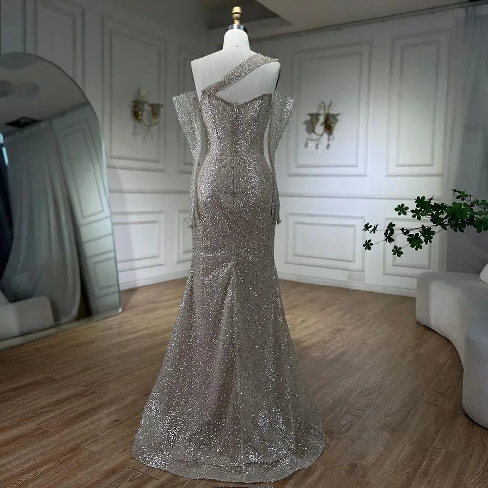 Serene Hill 2025 Arab Nude One Shoulder Mermaid Evening Dress Elegant Luxury Gown with Beaded for Women&