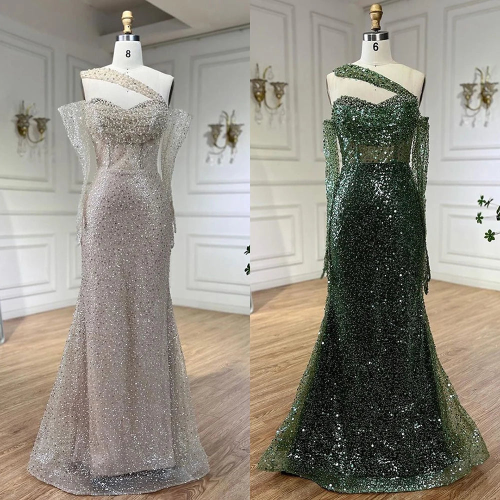 Serene Hill 2025 Arab Nude One Shoulder Mermaid Evening Dress Elegant Luxury Gown with Beaded for Women&