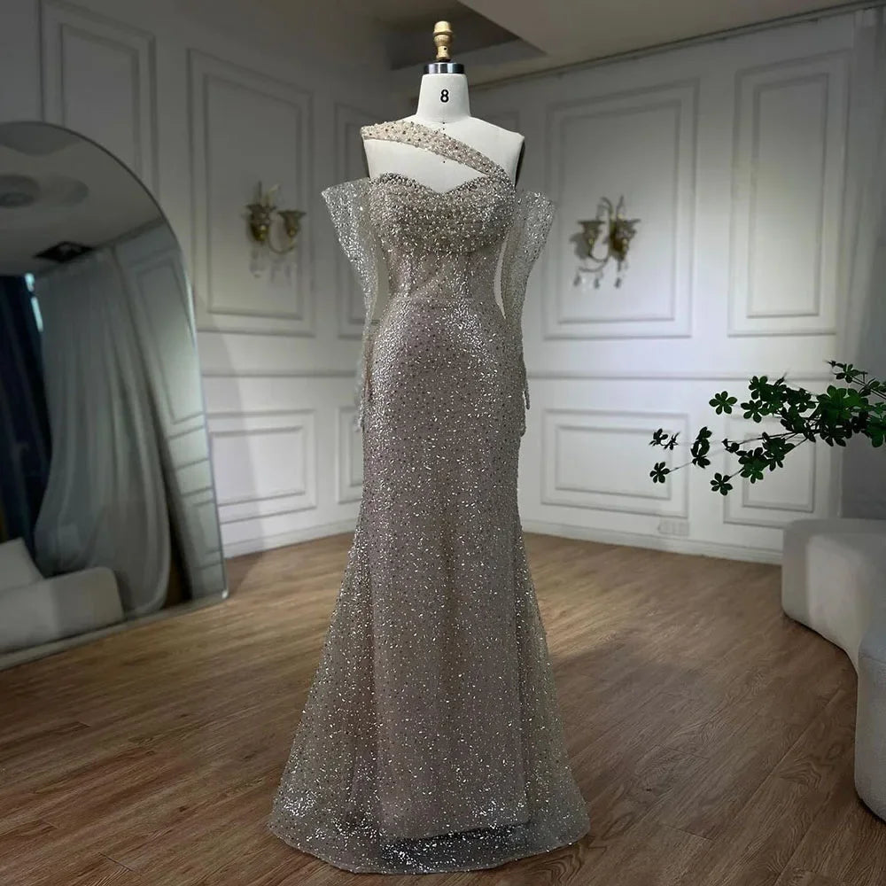 Serene Hill 2025 Arab Nude One Shoulder Mermaid Evening Dress Elegant Luxury Gown with Beaded for Women&