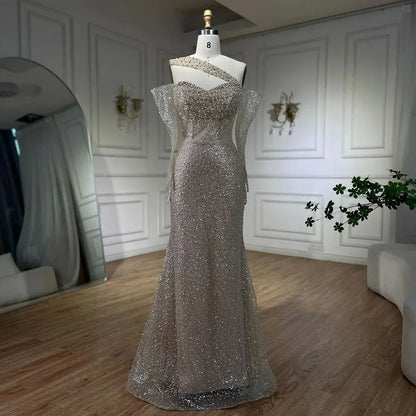Serene Hill 2025 Arab Nude One Shoulder Mermaid Evening Dress Elegant Luxury Gown with Beaded for Women&