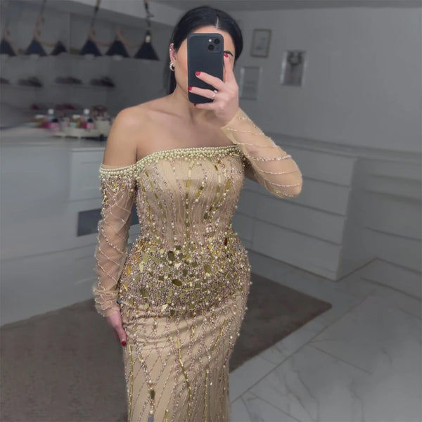 Serene Hill  Arabia Gold Mermaid Luxury Beaded Off Shoulder Dubai Evening Dresses Gowns for Women Wedding Party LA72404