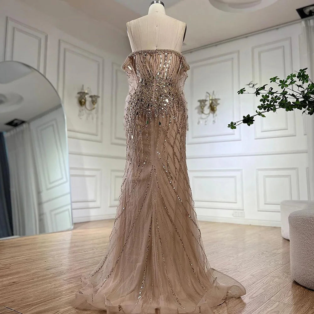 Serene Hill Arabia Gold Mermaid Luxury Beaded Off Shoulder Dubai Evening Dresses Gowns for Women Wedding Party LA72404 - SERENE HILL