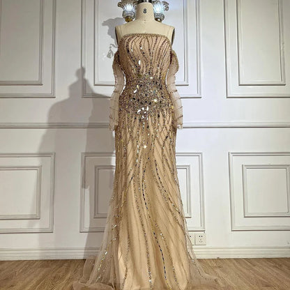 Serene Hill Arabia Gold Mermaid Luxury Beaded Off Shoulder Dubai Evening Dresses Gowns for Women Wedding Party LA72404 - SERENE HILL
