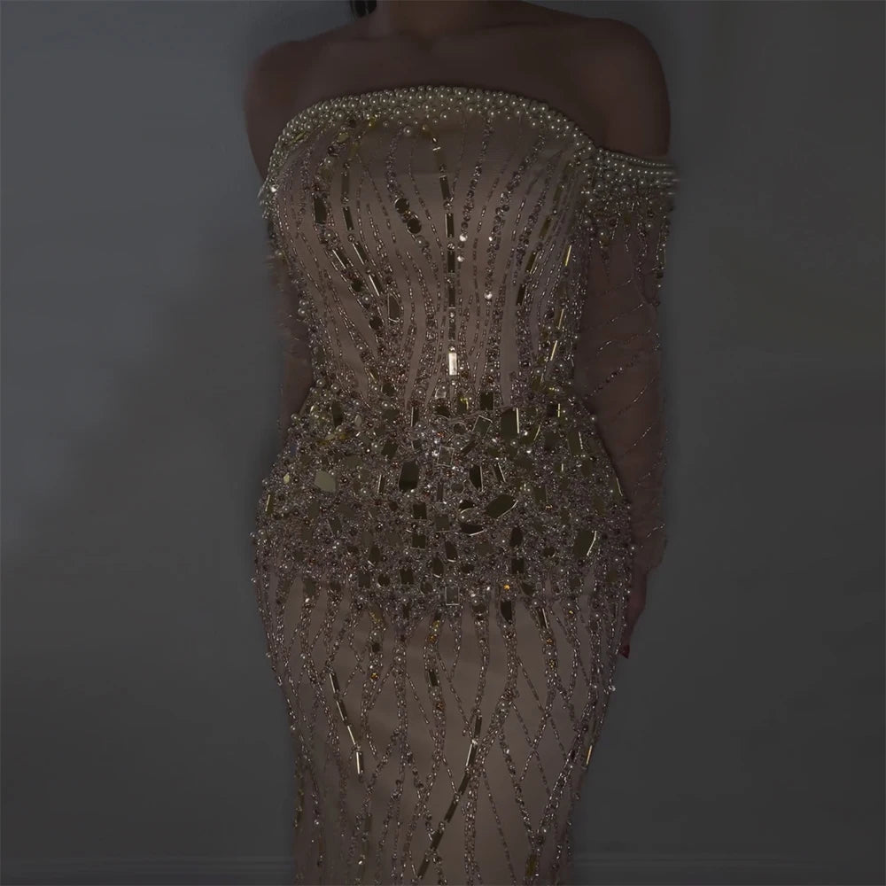 Serene Hill Arabia Gold Mermaid Luxury Beaded Off Shoulder Dubai Evening Dresses Gowns for Women Wedding Party LA72404 - SERENE HILL