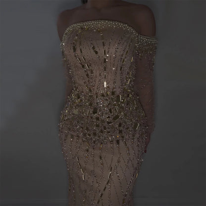 Serene Hill Arabia Gold Mermaid Luxury Beaded Off Shoulder Dubai Evening Dresses Gowns for Women Wedding Party LA72404 - SERENE HILL
