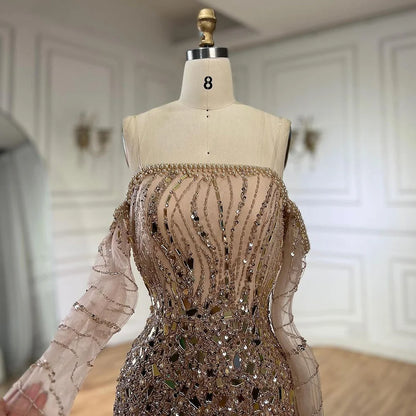 Serene Hill Arabia Gold Mermaid Luxury Beaded Off Shoulder Dubai Evening Dresses Gowns for Women Wedding Party LA72404 - SERENE HILL