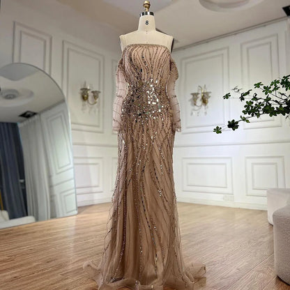 Serene Hill Arabia Gold Mermaid Luxury Beaded Off Shoulder Dubai Evening Dresses Gowns for Women Wedding Party LA72404 - SERENE HILL