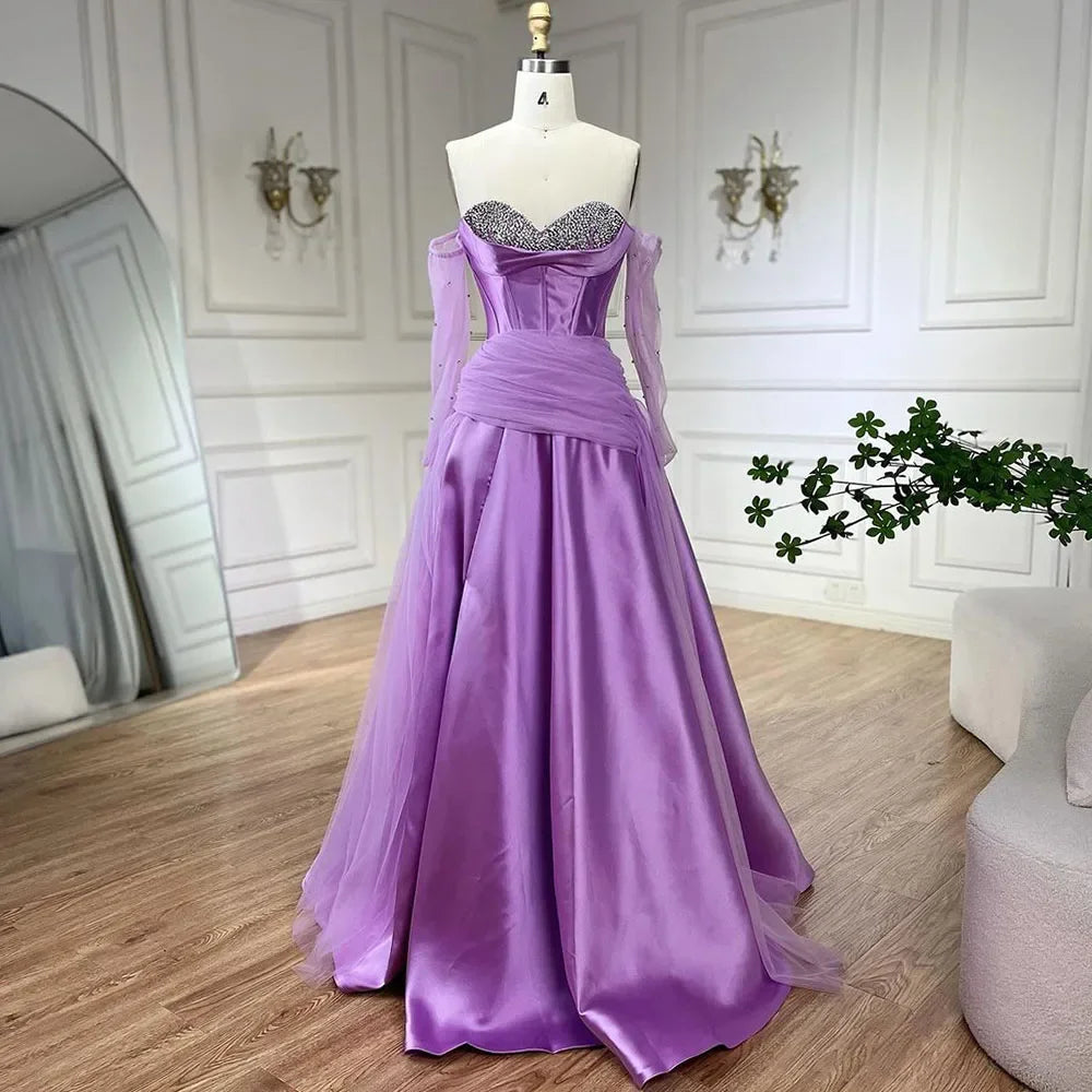 Serene Hill 2025 Arabia Purple A-Line With Gloves Luxury Beaded Evening Gown Satin Women&