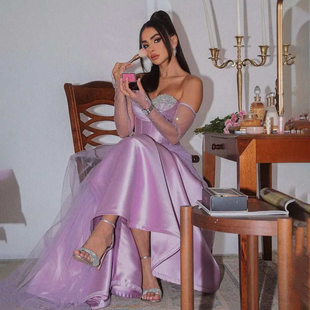 Serene Hill 2025 Arabia Purple A-Line With Gloves Luxury Beaded Evening Gown Satin Women&