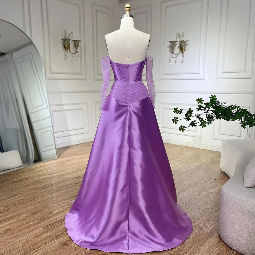 Serene Hill 2025 Arabia Purple A-Line With Gloves Luxury Beaded Evening Gown Satin Women&