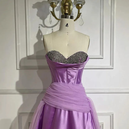 Serene Hill 2025 Arabia Purple A-Line With Gloves Luxury Beaded Evening Gown Satin Women&