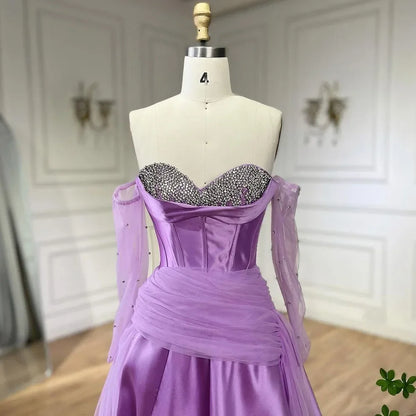 Serene Hill 2025 Arabia Purple A-Line With Gloves Luxury Beaded Evening Gown Satin Women&