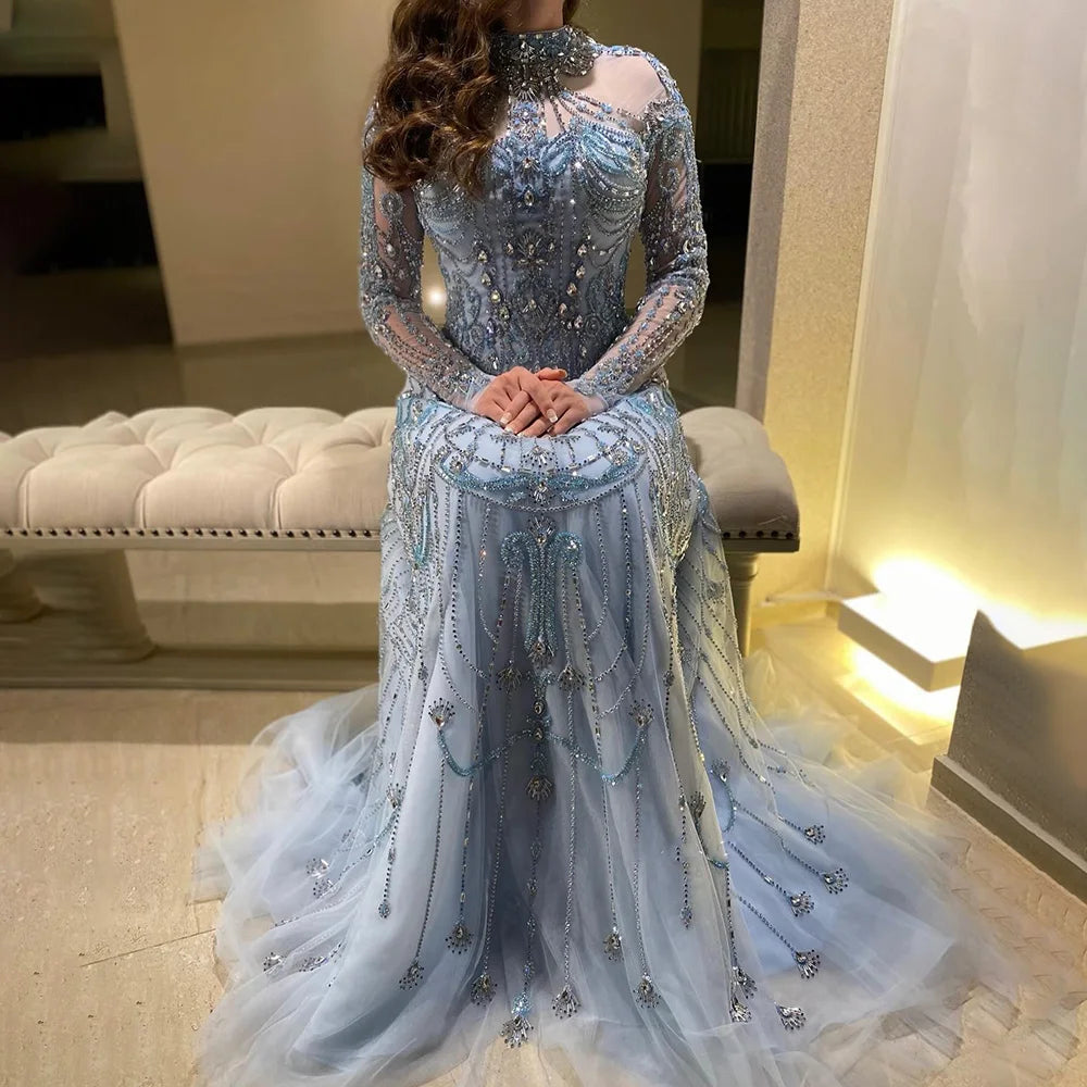 Luxury Dubai Designer Modest A-Line Blue Lace Beaded Evening Dresses LA72704 - SERENE HILL