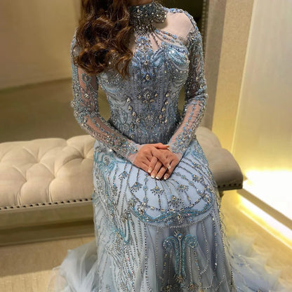 Luxury Dubai Designer Modest A-Line Blue Lace Beaded Evening Dresses LA72704 - SERENE HILL