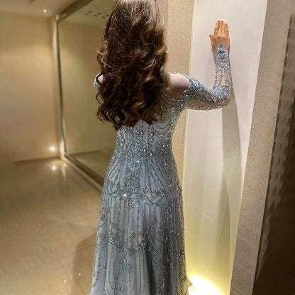 Luxury Dubai Designer Modest A-Line Blue Lace Beaded Evening Dresses LA72704 - SERENE HILL