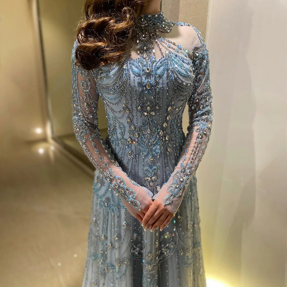 Luxury Dubai Designer Modest A-Line Blue Lace Beaded Evening Dresses LA72704 - SERENE HILL