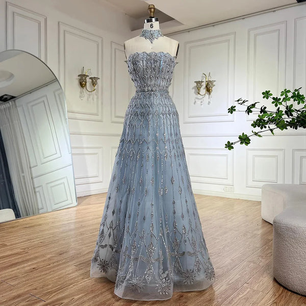 Luxury Dubai Arabic A-Line Elegant Blue Saudi Evening Gown Luxury Bead   SERENE HILL