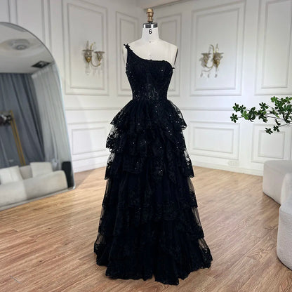 Serene Hill 2025 Arabic Black Elegant One-Shoulder Tiered A-Line Lace Luxury Prom Dress for Women&