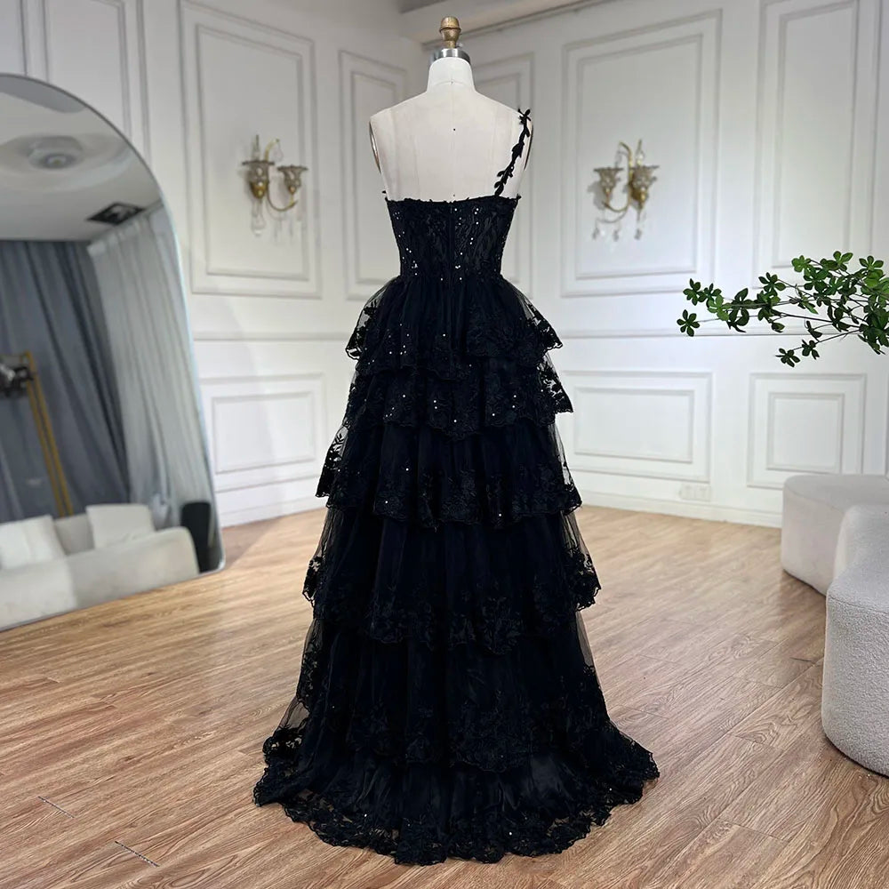 Serene Hill 2025 Arabic Black Elegant One-Shoulder Tiered A-Line Lace Luxury Prom Dress for Women&
