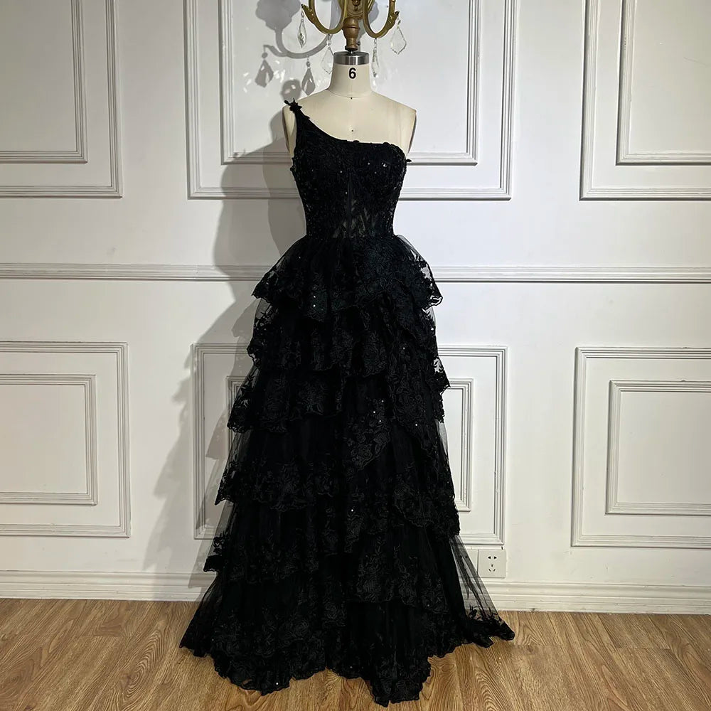 Serene Hill 2025 Arabic Black Elegant One-Shoulder Tiered A-Line Lace Luxury Prom Dress for Women&