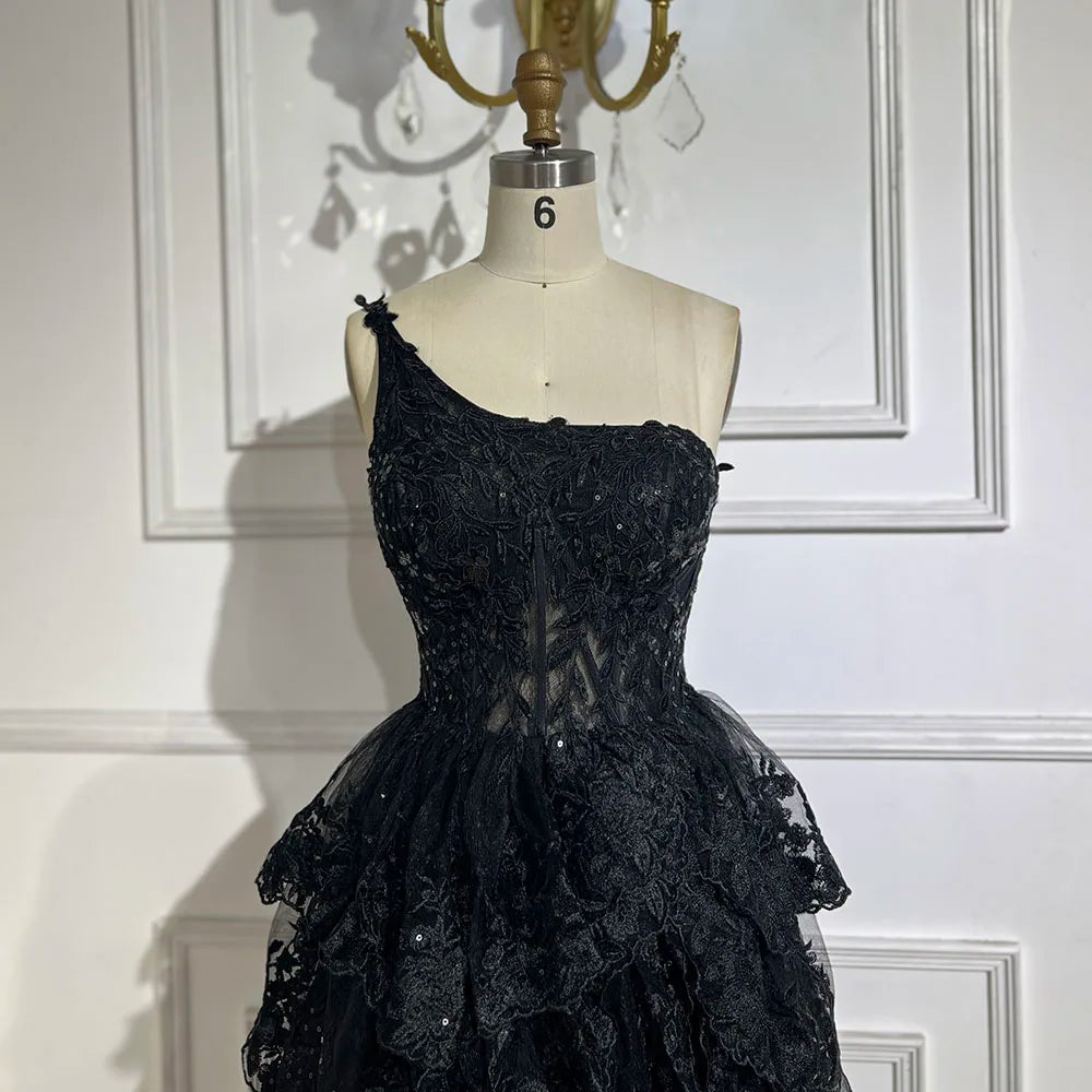 Serene Hill 2025 Arabic Black Elegant One-Shoulder Tiered A-Line Lace Luxury Prom Dress for Women&