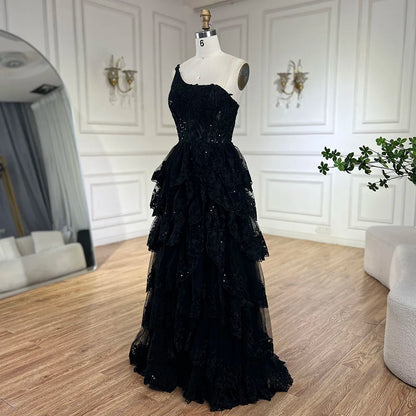 Serene Hill 2025 Arabic Black Elegant One-Shoulder Tiered A-Line Lace Luxury Prom Dress for Women&