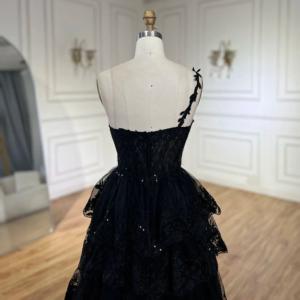 Serene Hill 2025 Arabic Black Elegant One-Shoulder Tiered A-Line Lace Luxury Prom Dress for Women&