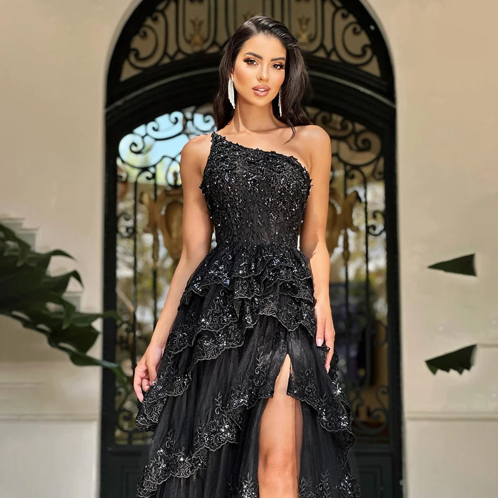Serene Hill 2025 Arabic Black Elegant One-Shoulder Tiered Side Split A-Line Lace Luxury Prom Dress for Women&