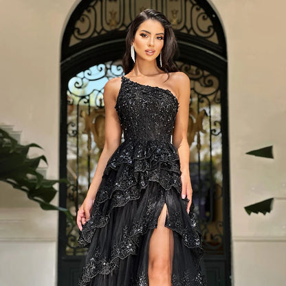 Serene Hill 2025 Arabic Black Elegant One-Shoulder Tiered Side Split A-Line Lace Luxury Prom Dress for Women&